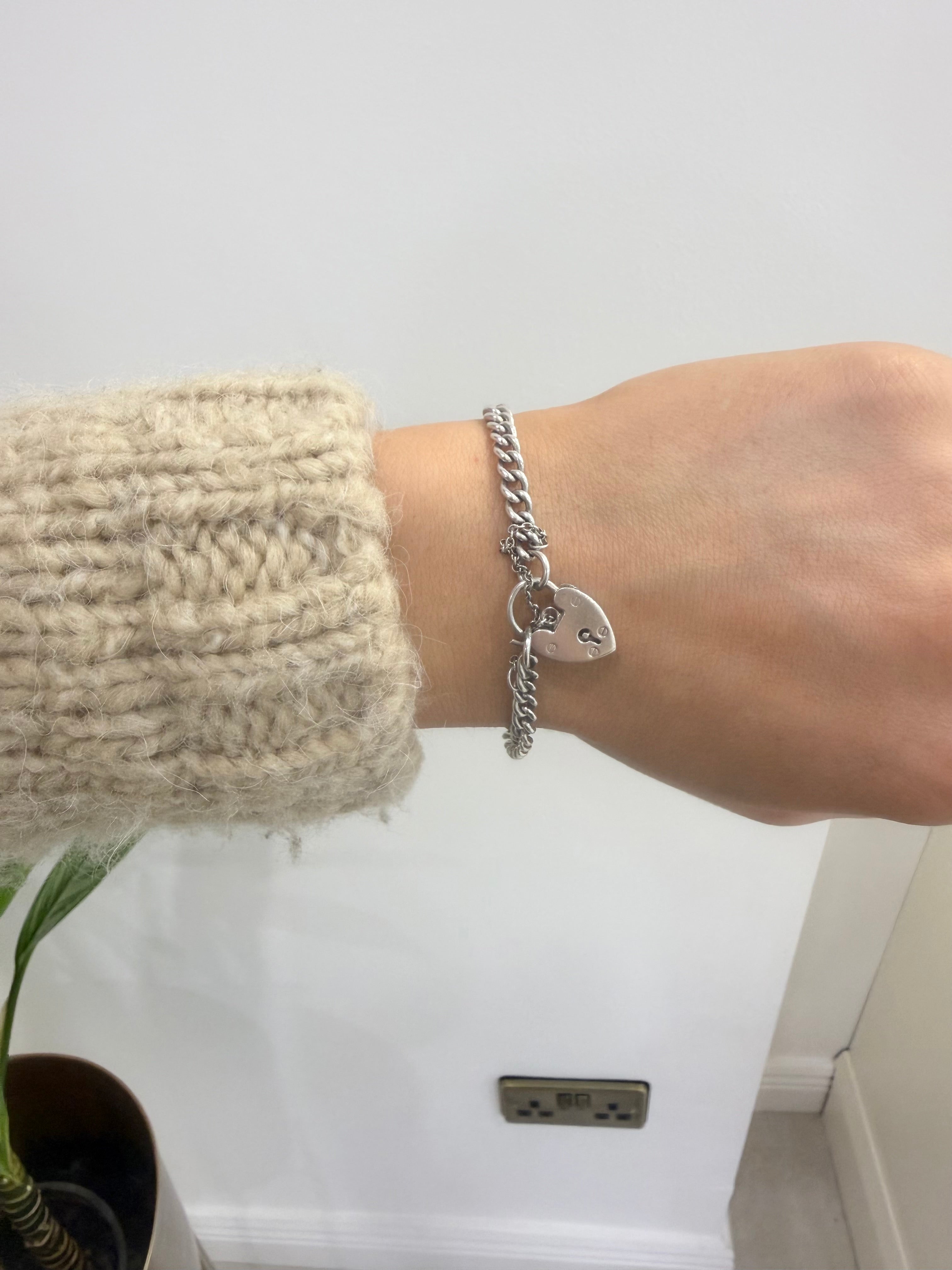 Vintage Solid Silver Heart Padlock Bracelet / Charm Bracelet