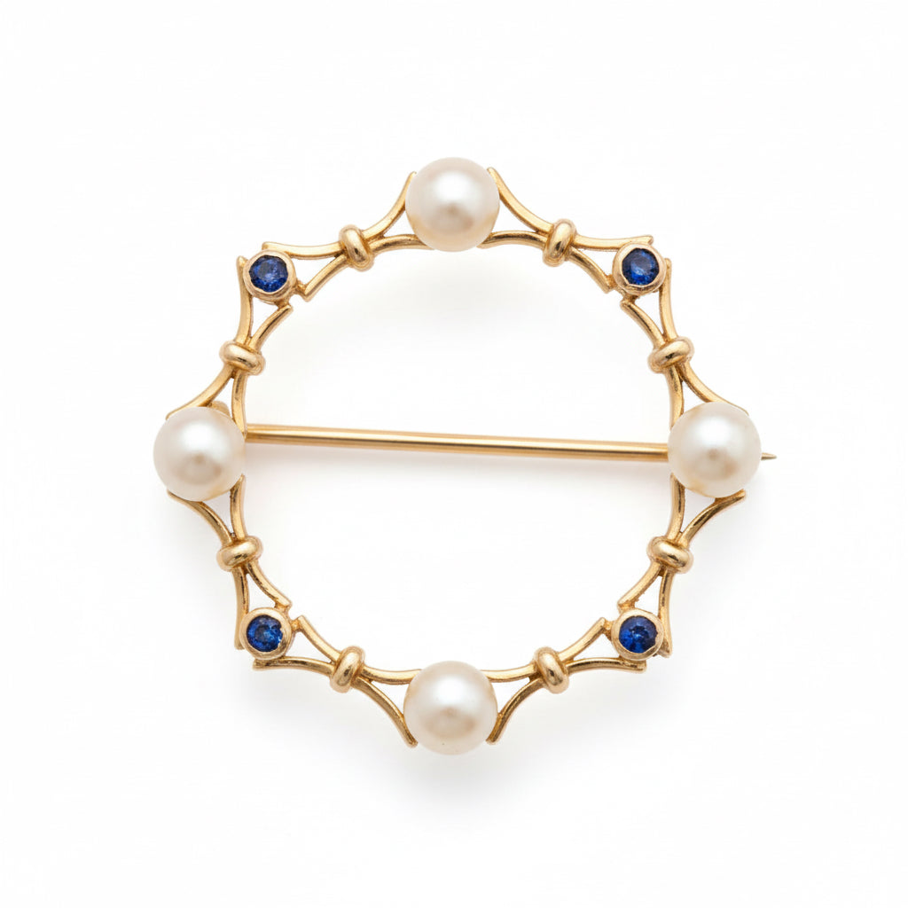 9ct Gold Sapphire and Pearl Brooch