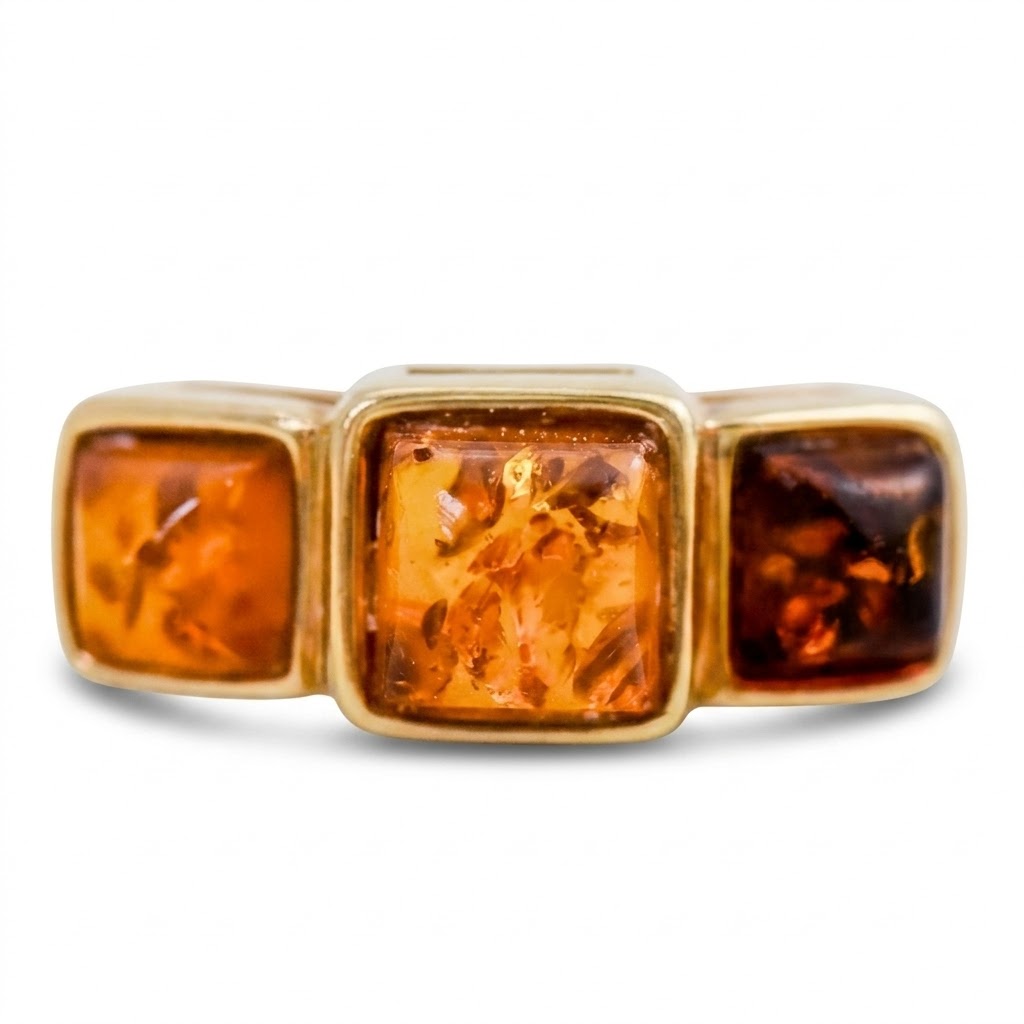 9ct Gold Three Stone Amber Ring