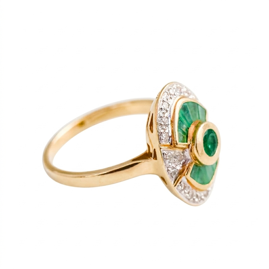 9ct Gold Art Deco Style Emerald & Diamond Ring