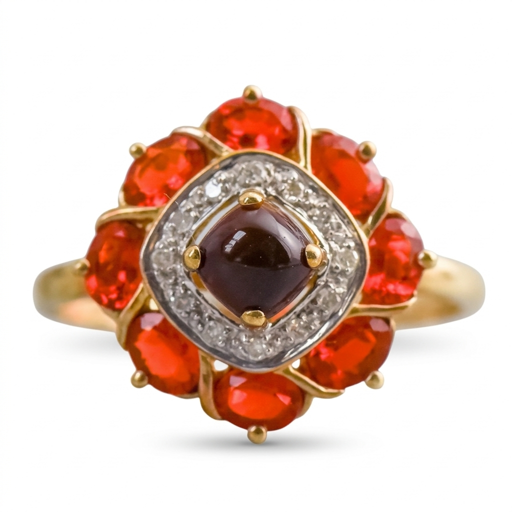 9ct Gold Agate, Fire Opal & Diamond Cluster Ring