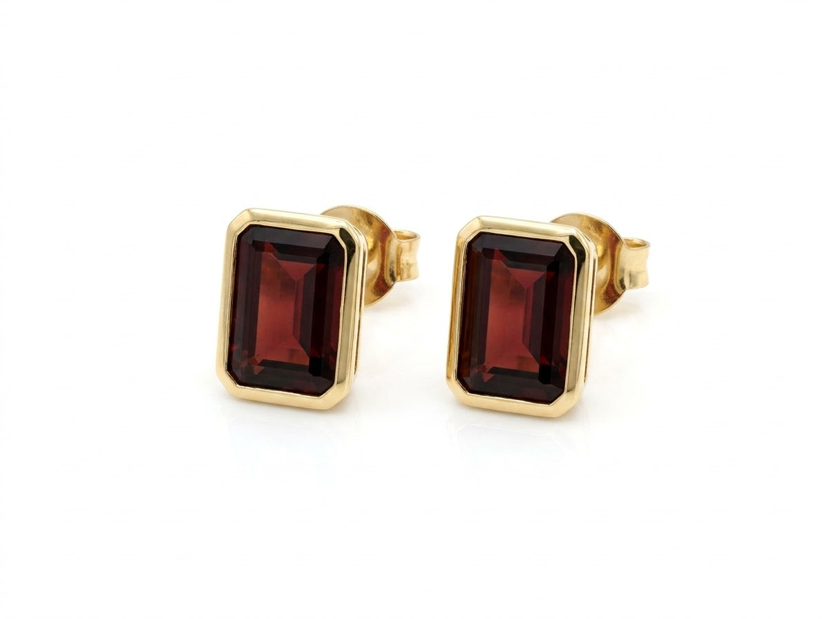 3ct Garnet Emerald Cut Earrings Set in 9ct Gold