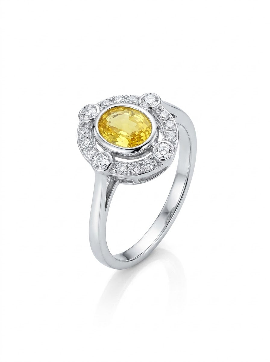 Art Deco Bezel Set Platinum Yellow Sapphire & Diamond Ring