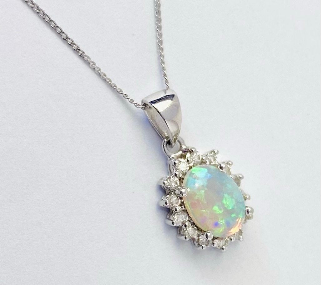9ct White Gold Opal & Diamond Necklace