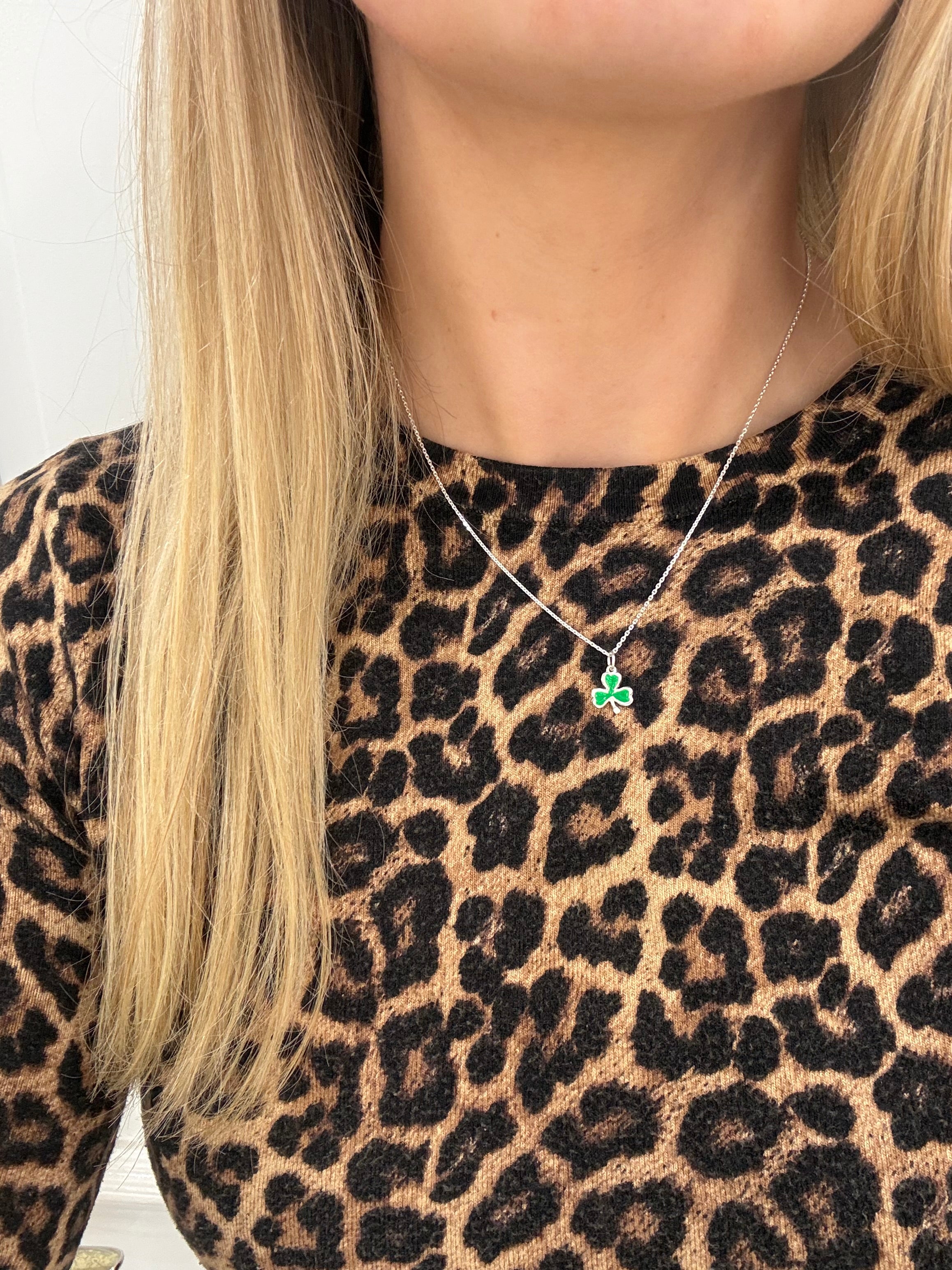 Silver Green Enamel Shamrock Necklace