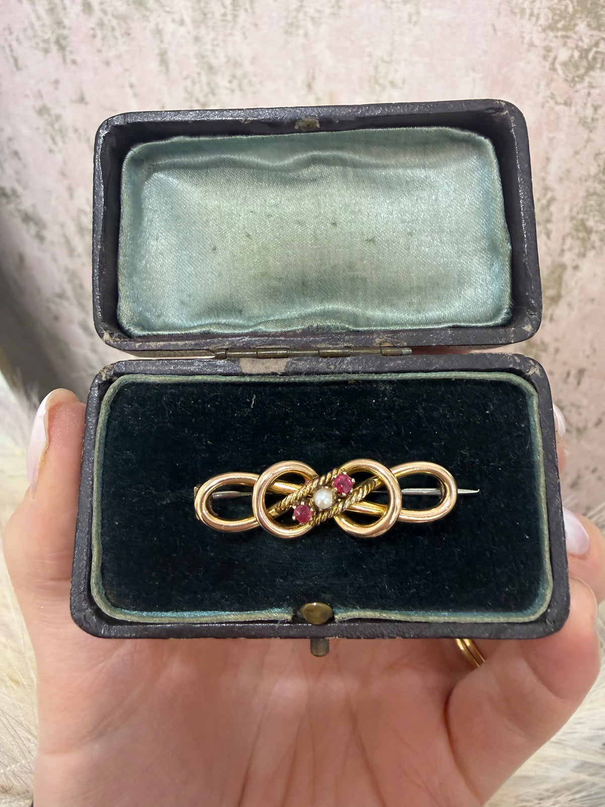 Antique Edwardian 9ct Gold, Ruby & Seed Pearl Brooch