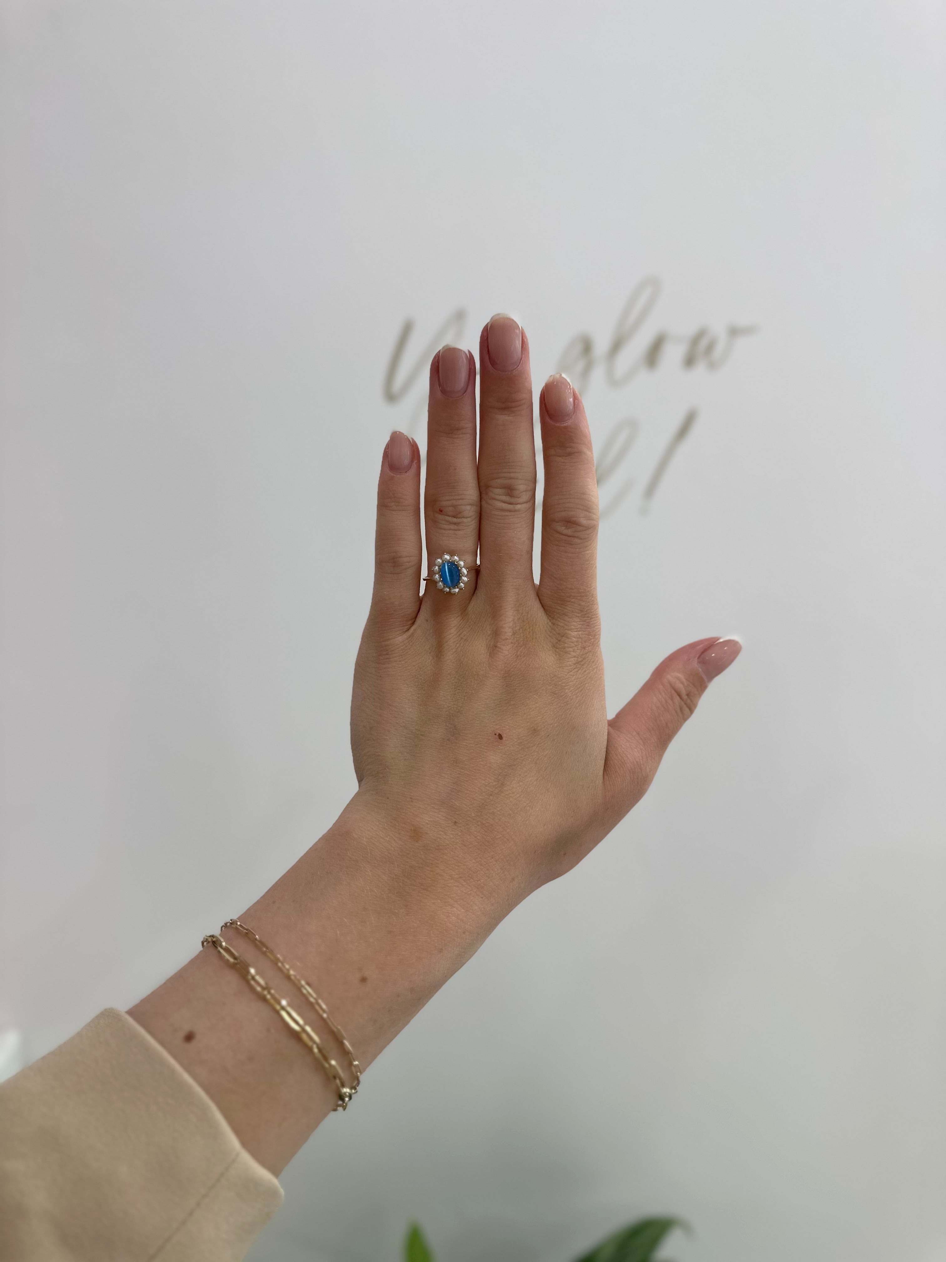 9ct Gold Cats Eye & Pearl Ring