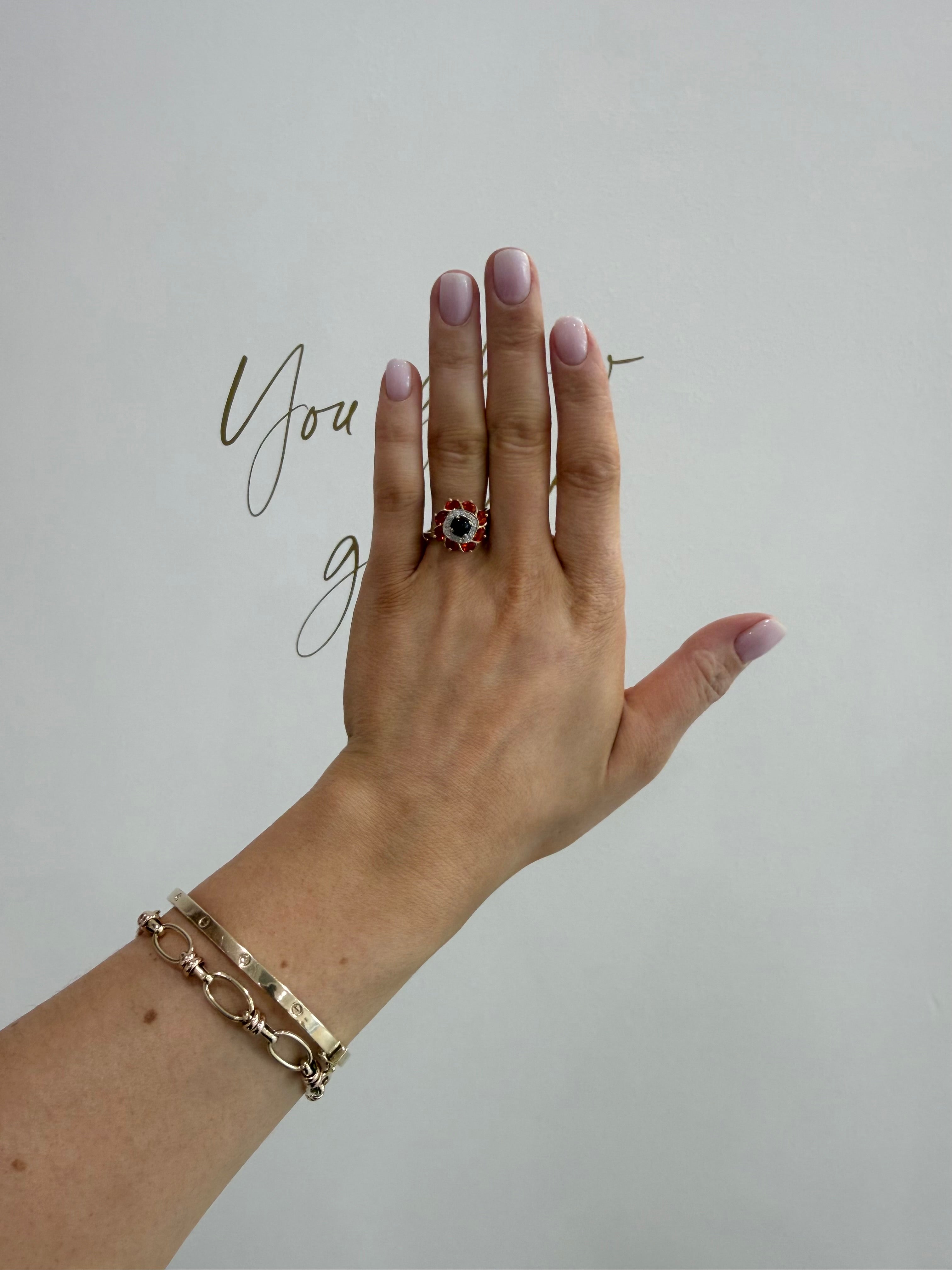 9ct Gold Agate, Fire Opal & Diamond Cluster Ring