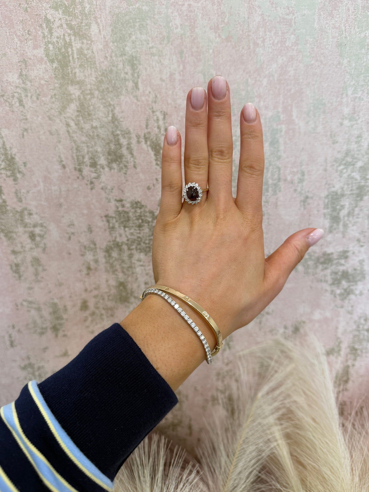 9ct Gold Cabochon Garnet & Diamond Ring
