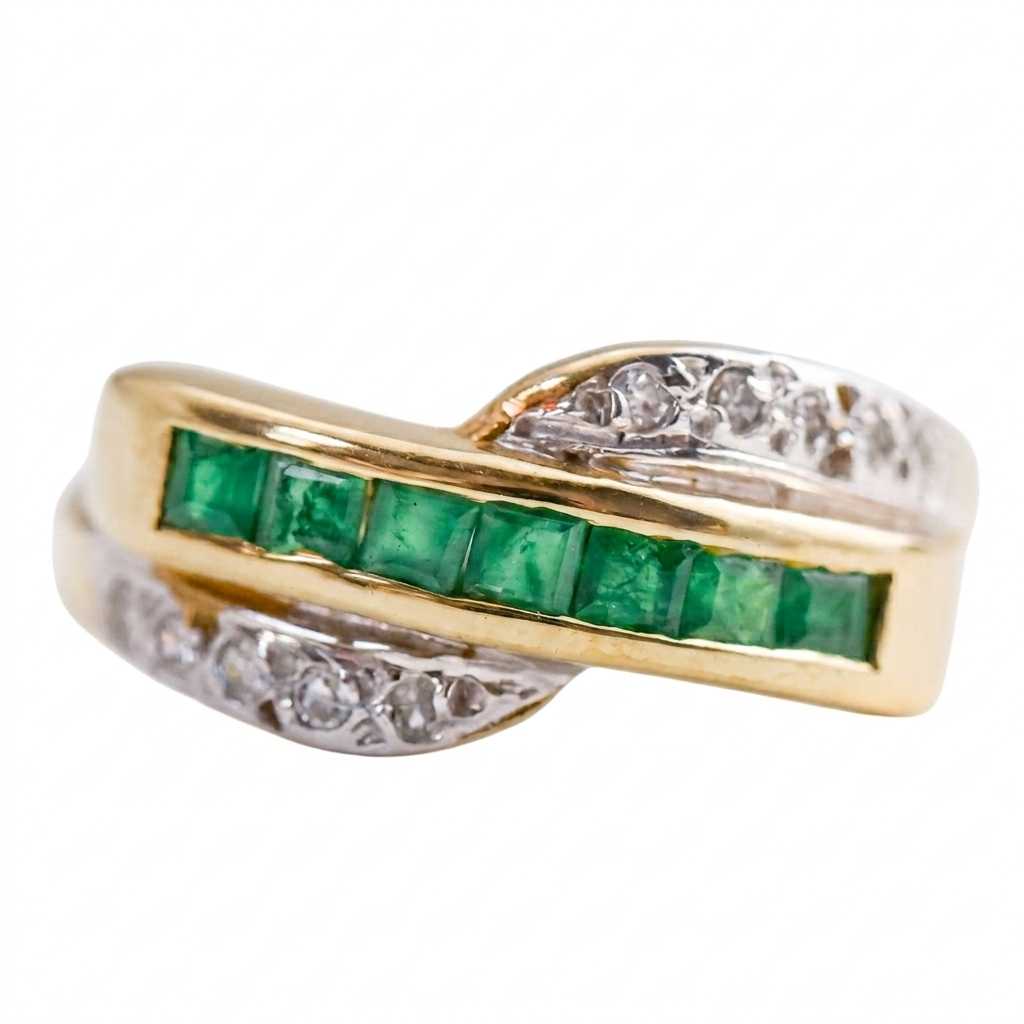 9ct Gold Emerald & Diamond Crossover Ring