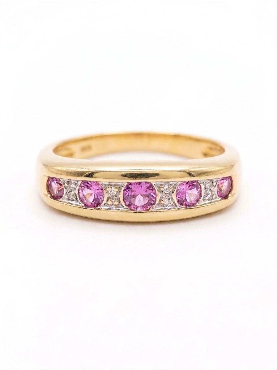 9ct Gold Pink Sapphire & Diamond Five Stone Ring