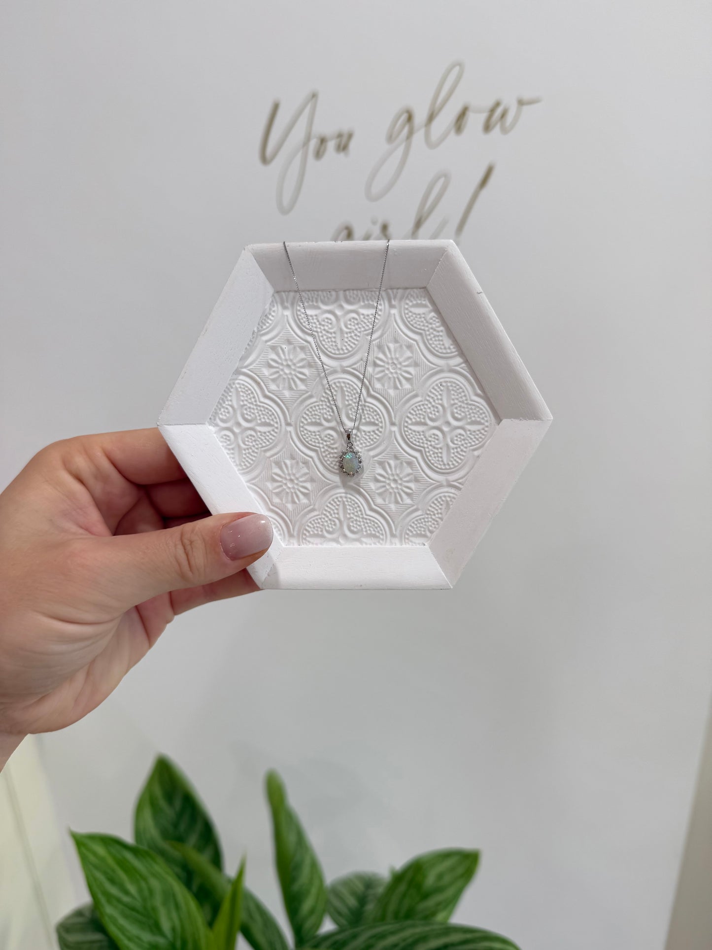 9ct White Gold Opal & Diamond Necklace