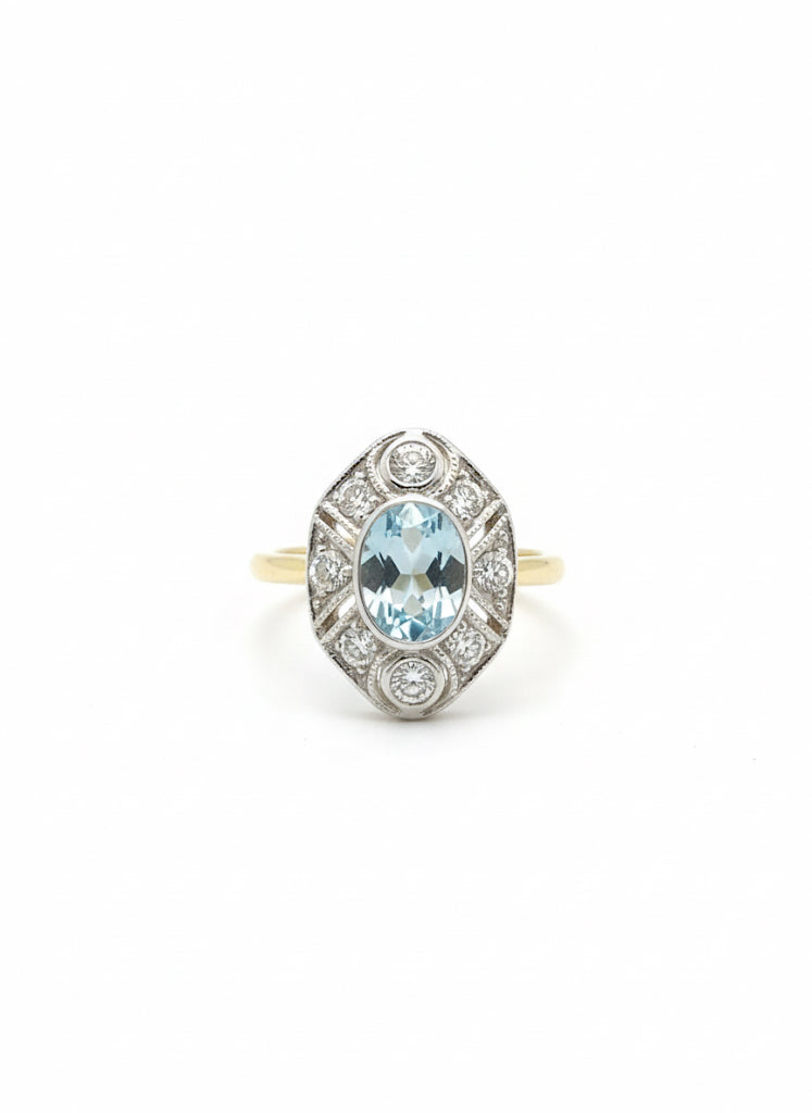 18ct Aquamarine & Diamond Art Deco Ring