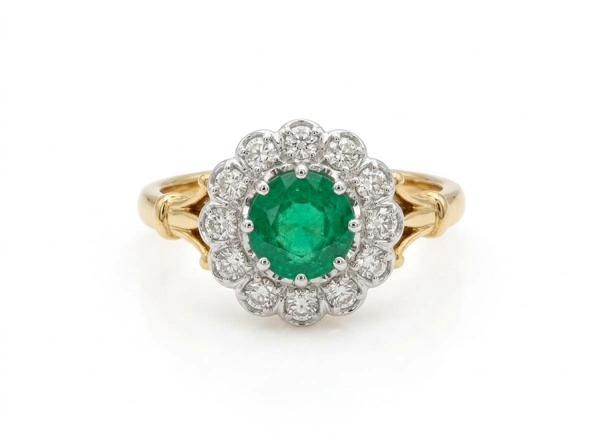18ct Emerald & Diamond Round Cluster Ring
