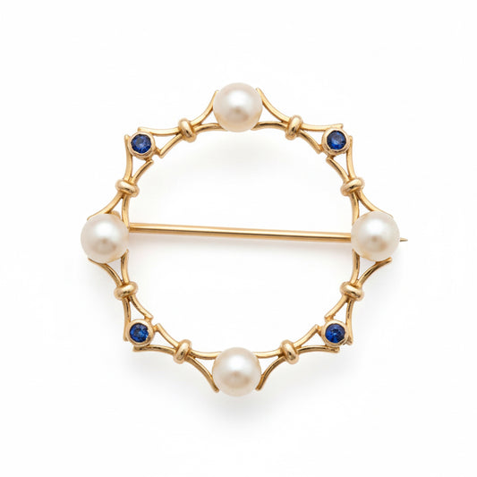 9ct Gold Sapphire and Pearl Brooch