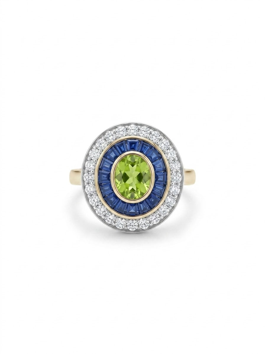 9ct Sapphire, Peridot & Diamond Ring