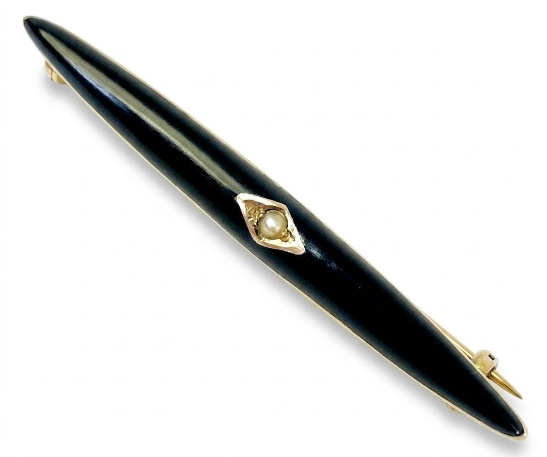 Antique Art Deco Era 9ct Gold, Enamel and Pearl Torpedo Brooch