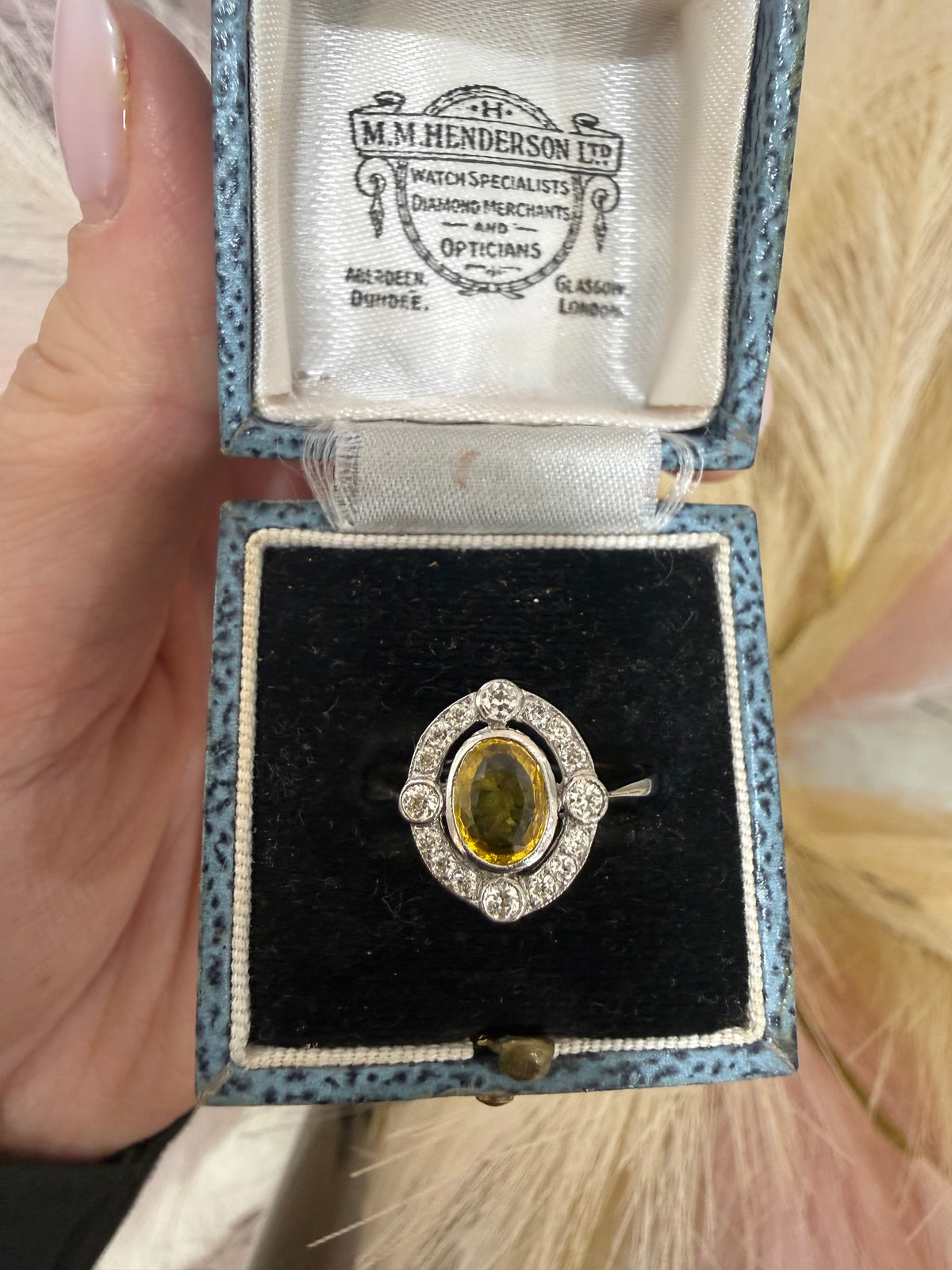 Art Deco Bezel Set Platinum Yellow Sapphire & Diamond Ring