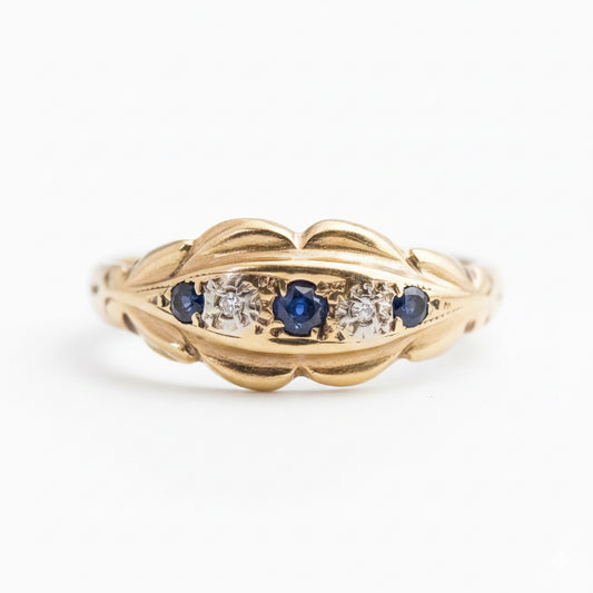 9ct Gold Sapphire & Diamond Boat Ring