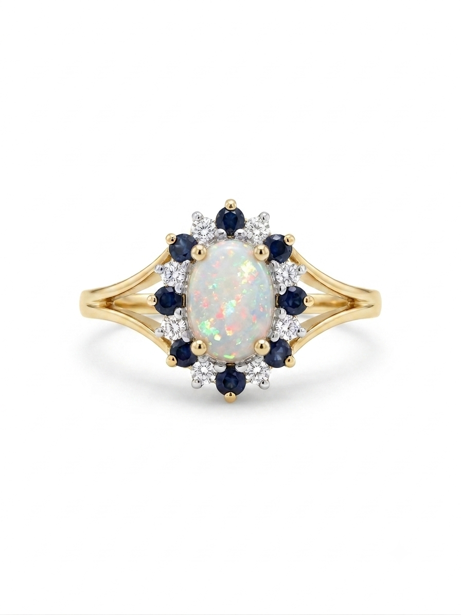 9ct Opal, Sapphire & Diamond Cluster Ring