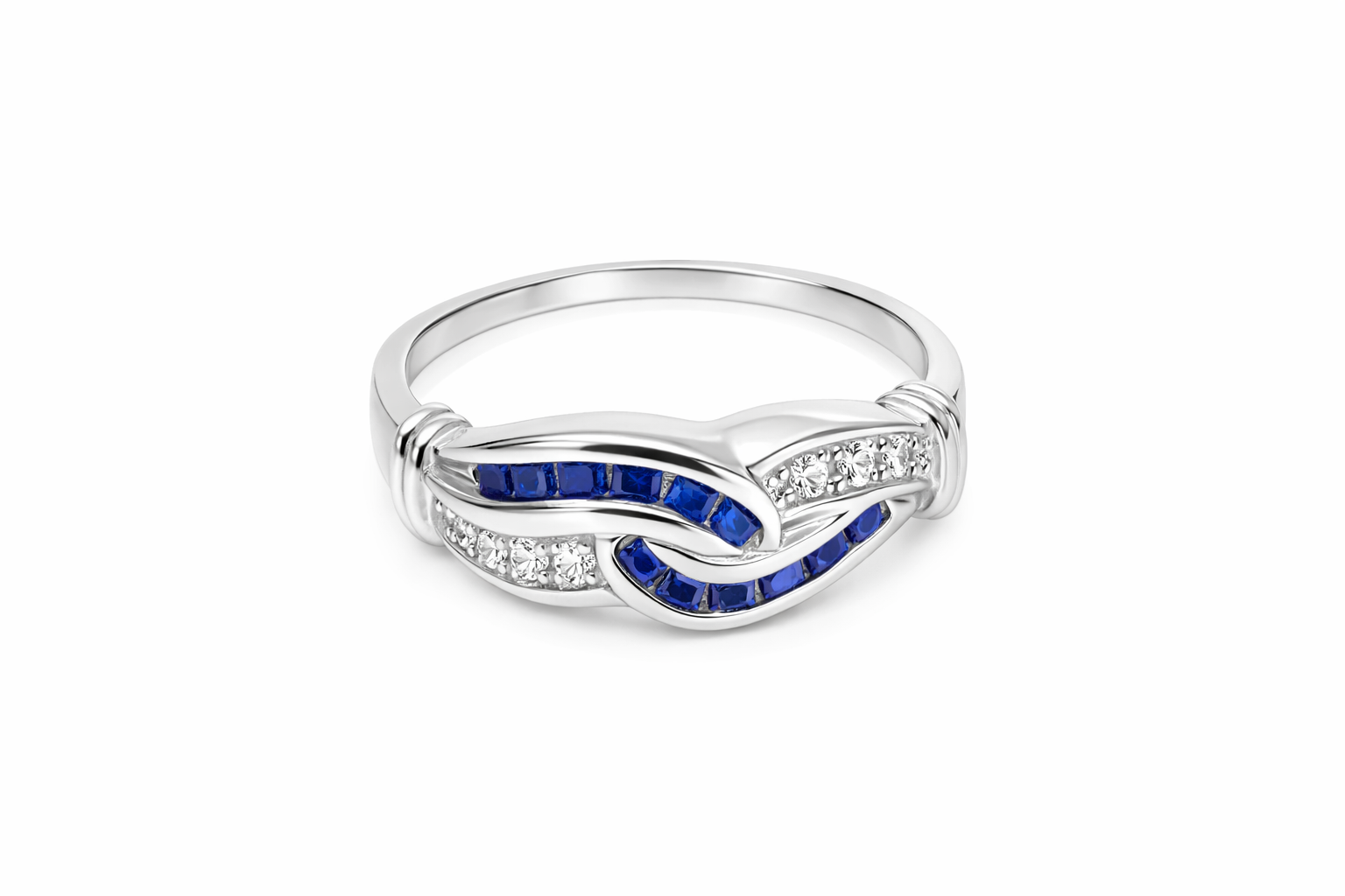 9ct White Gold Sapphire & Diamond Crossover Ring