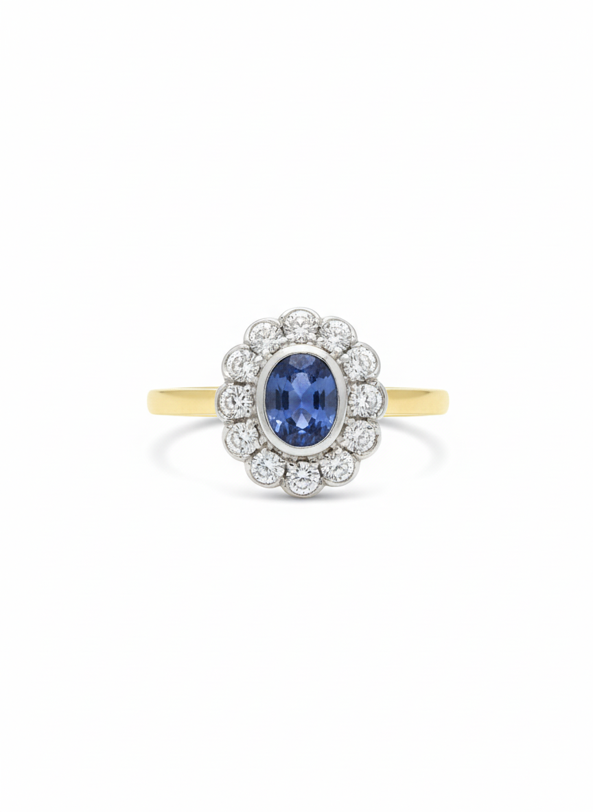 18ct Oval Sapphire Diamond Set Cluste Ring
