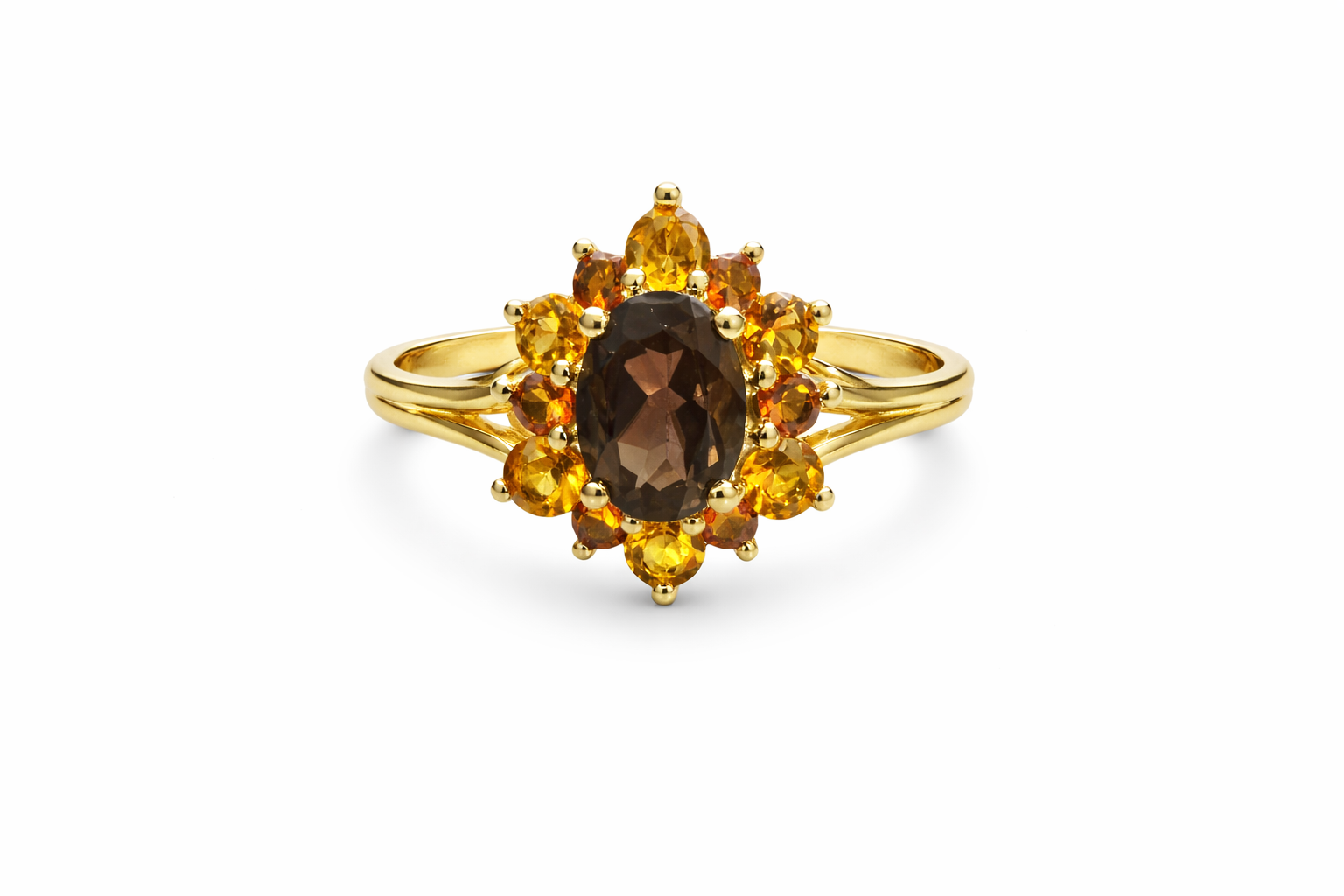 9ct Smokey Quartz & Citrine Cluster Ring