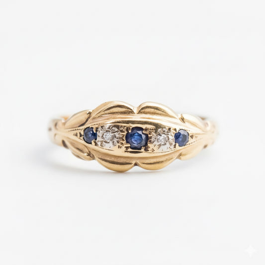 9ct Gold Sapphire & Diamond Boat Ring