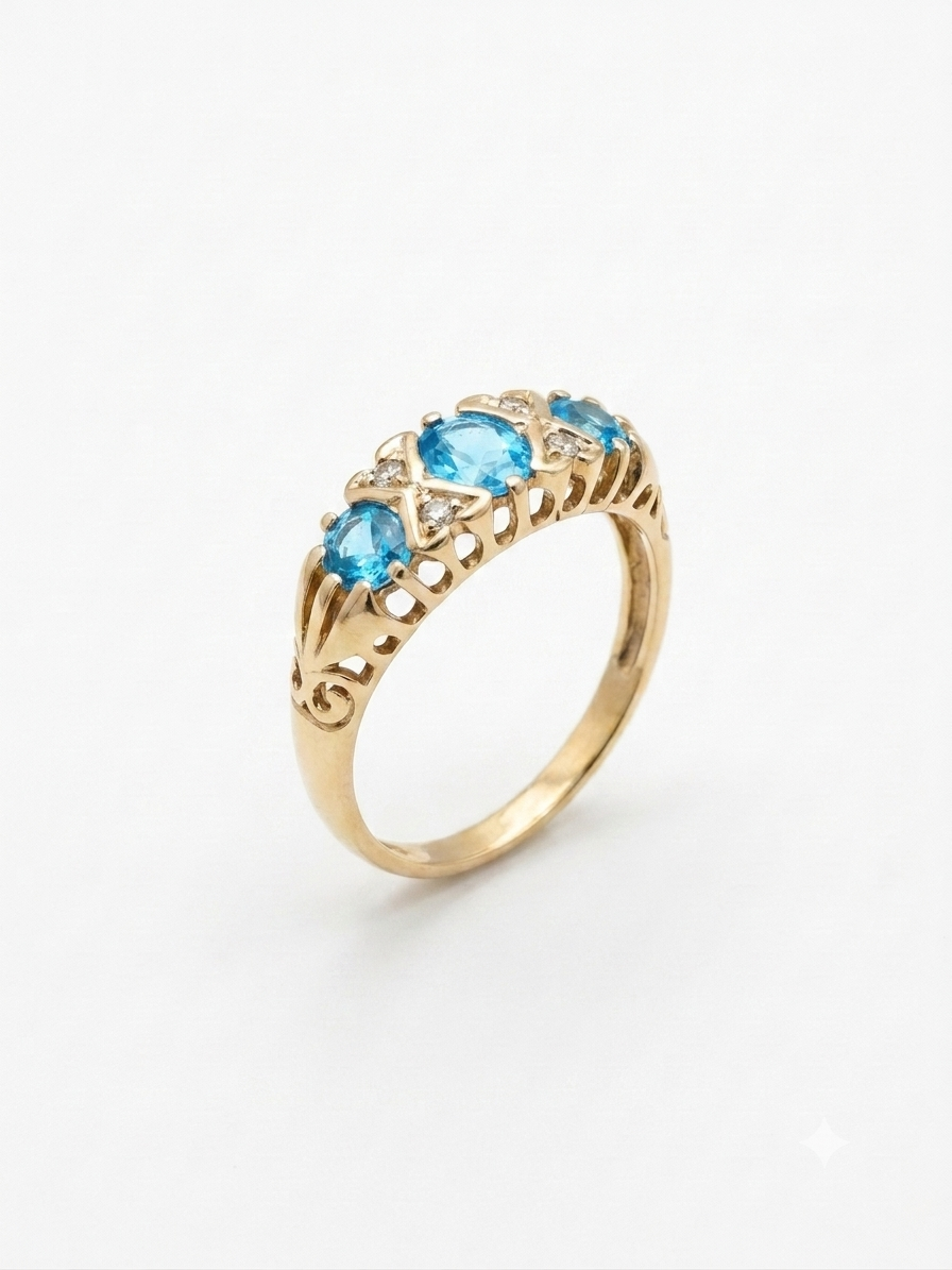 9ct Gold Blue Topaz and Diamond Antique Style Ring