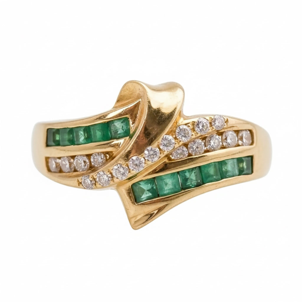 9ct Gold Emerald & Diamond Ribbon Ring
