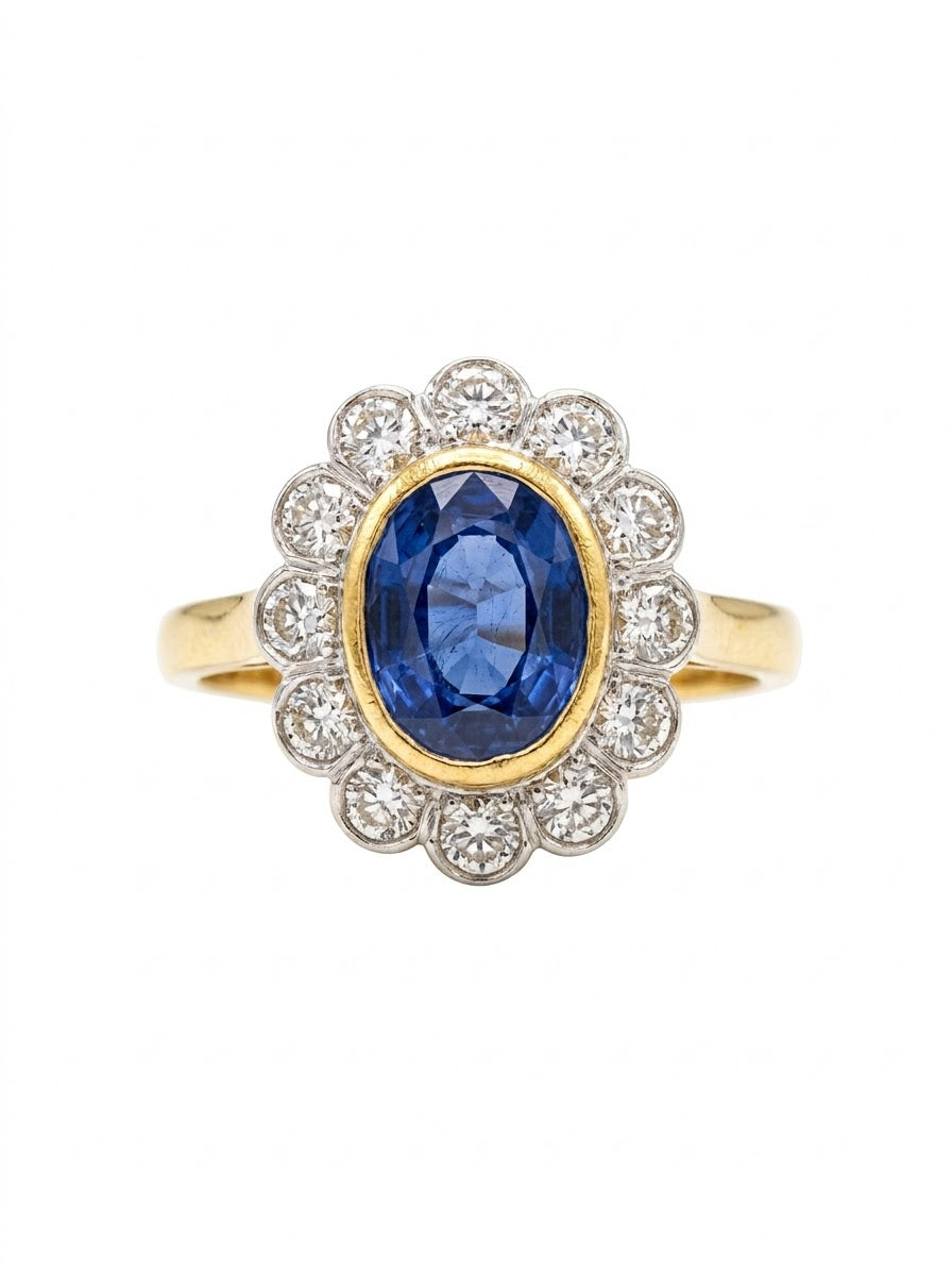 18ct Gold Sapphire & Diamond Cluster Pave Set Ring