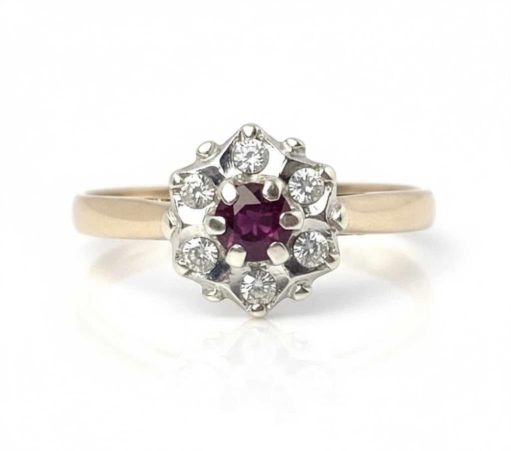 Vintage 9ct Gold, Ruby and Diamond Cluster Ring