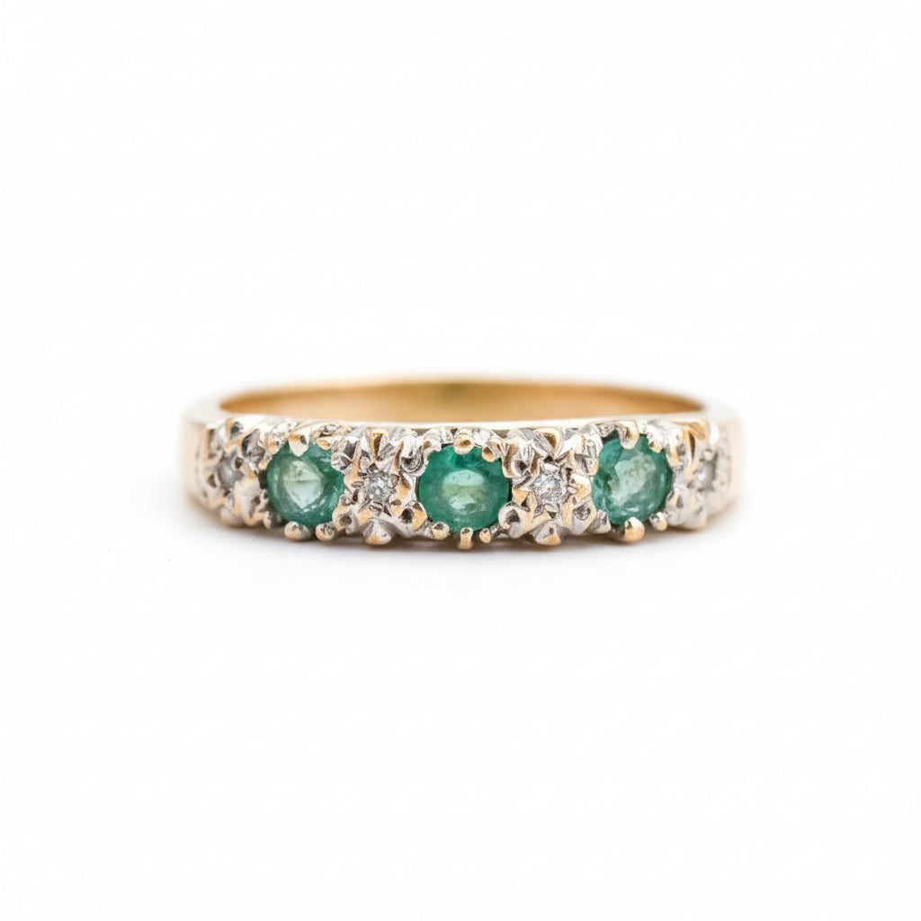 9ct Gold Five Stone Emerald & Diamond Ring
