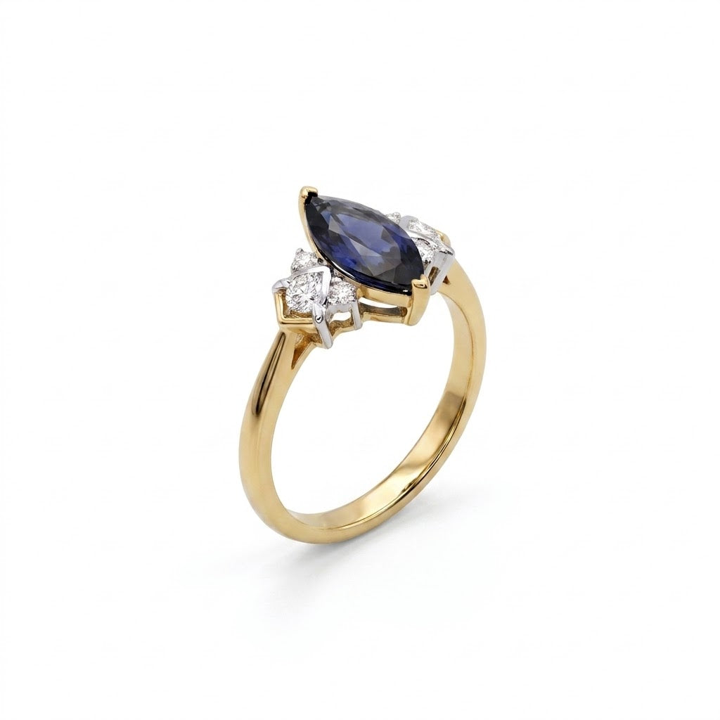 9ct Gold Iolite & Diamond Marquise Ring