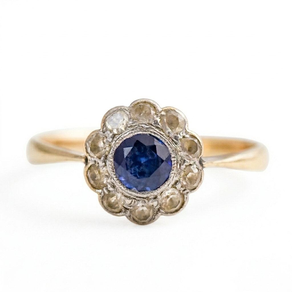 9ct Gold Art Deco Sapphire Daisy Cluster Ring