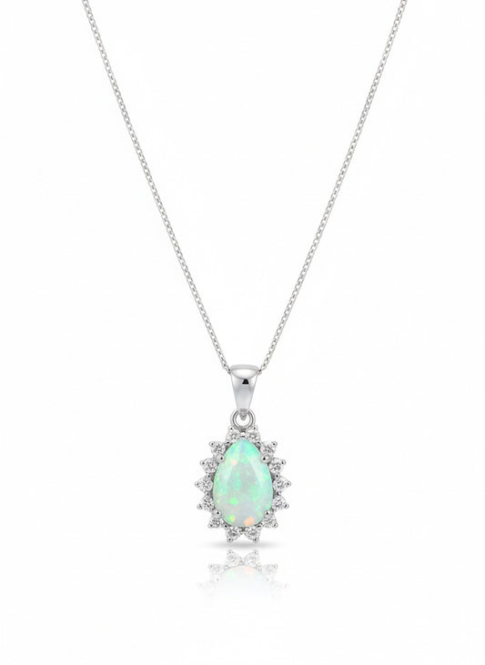9ct White Gold Opal & Diamond Necklace