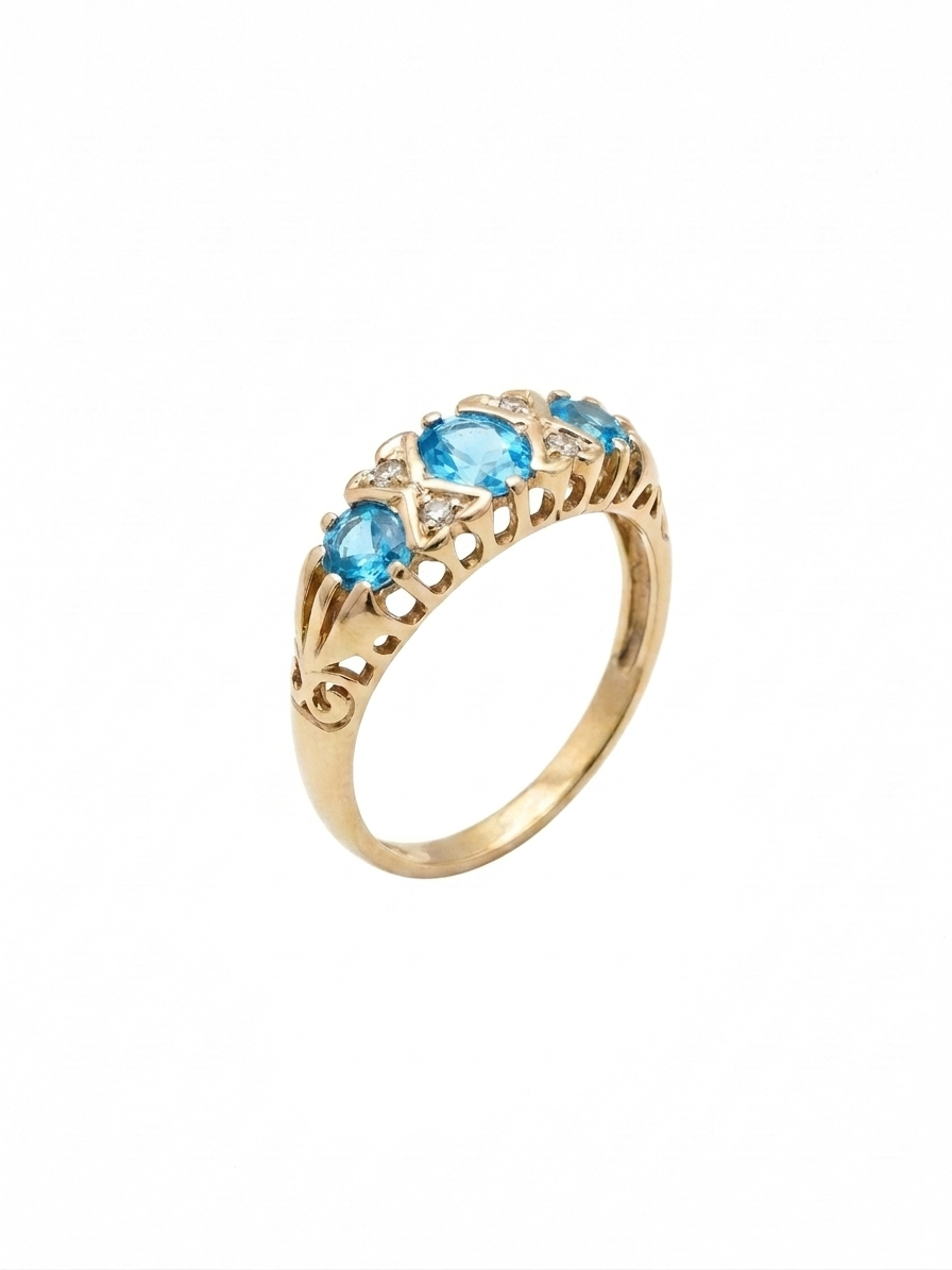 9ct Gold Blue Topaz and Diamond Antique Style Ring