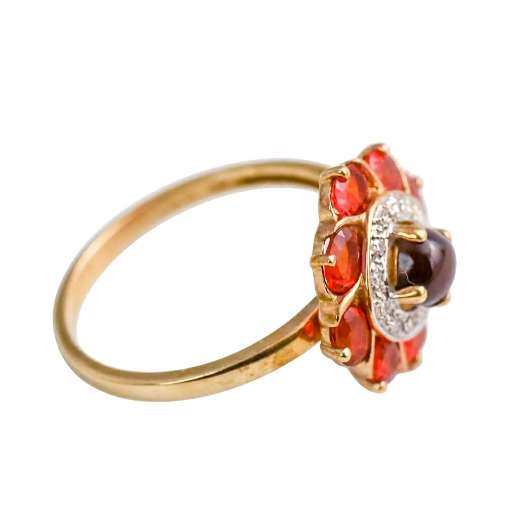 9ct Gold Agate, Fire Opal & Diamond Cluster Ring