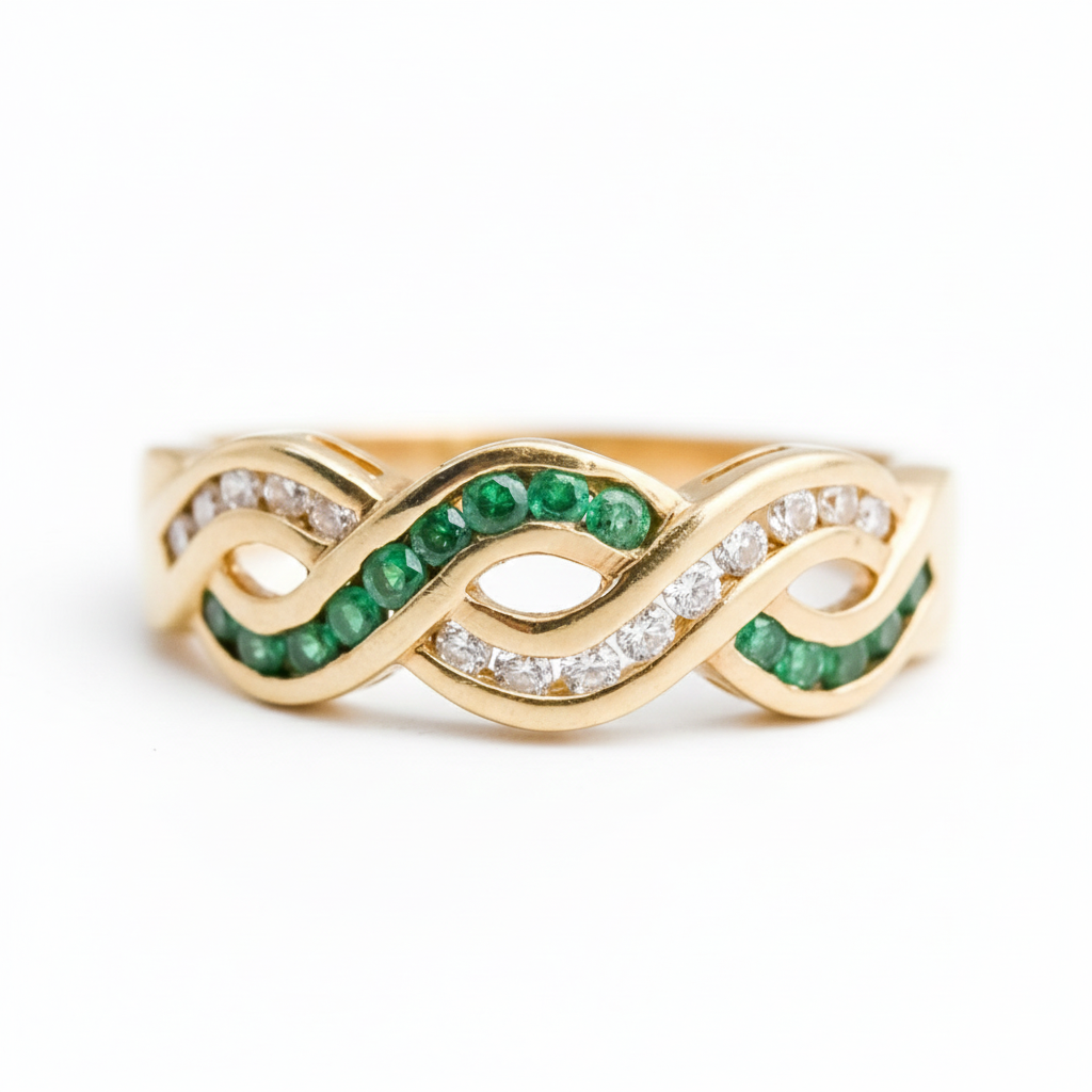 9ct Gold Emerald & Diamond Interwoven Band