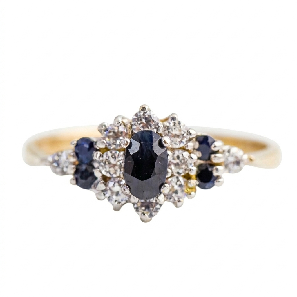 9ct Gold Sapphire & Cz Cluster Ring