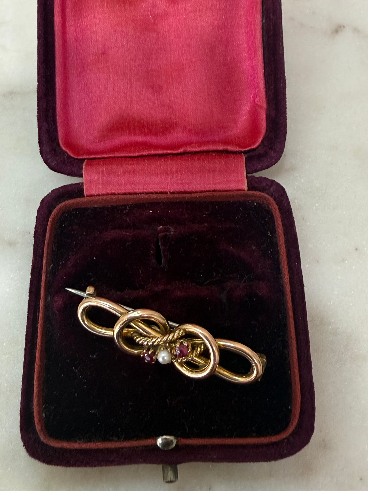 Antique Edwardian 9ct Gold, Ruby & Seed Pearl Brooch