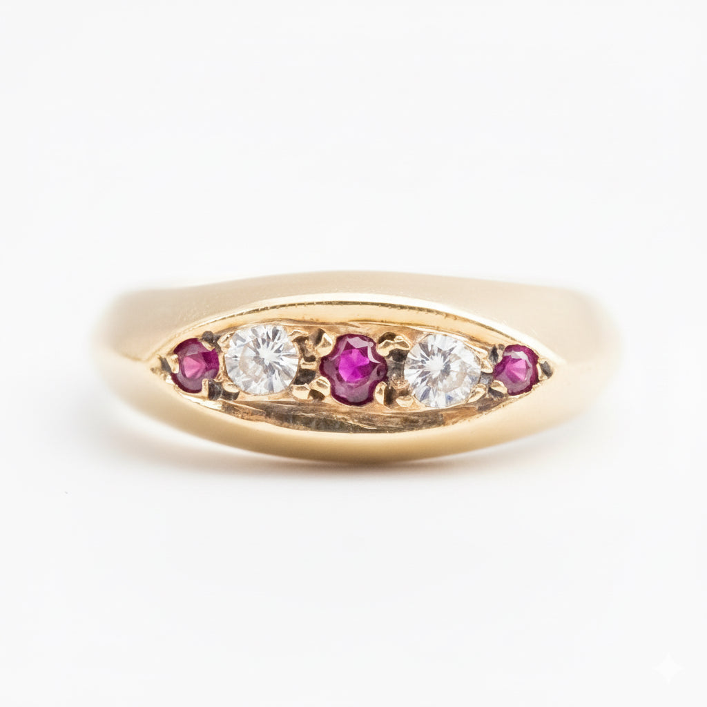 9ct Gold Five Stone Ruby & Diamond Boat Ring