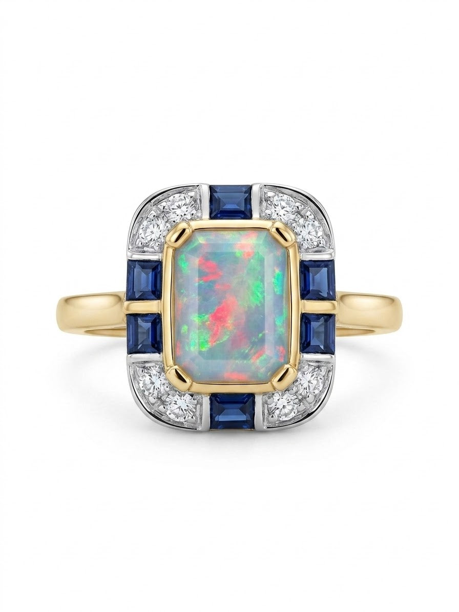 9ct Gold Opal, Sapphire & Diamond Ring