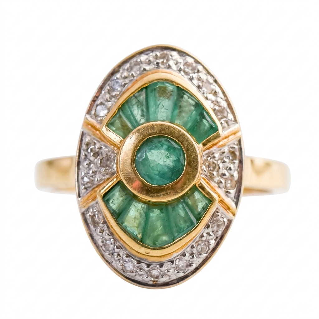9ct Gold Art Deco Style Emerald & Diamond Ring