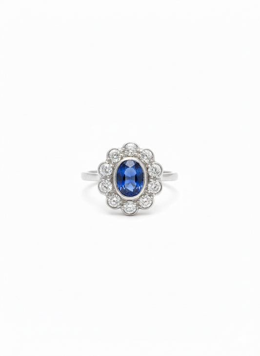 Sapphire & Diamond Platinum Cluster Ring
