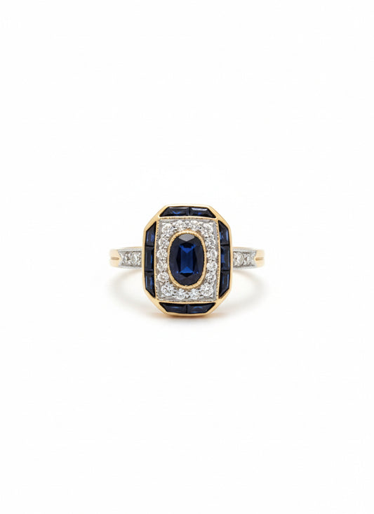 9ct Sapphire & Diamond Chequered Ring